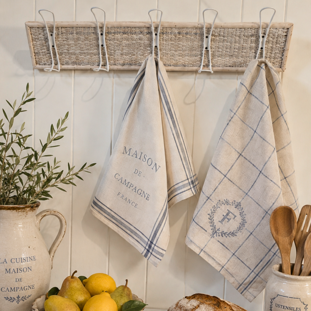 French country woven coat rack in the kitchen