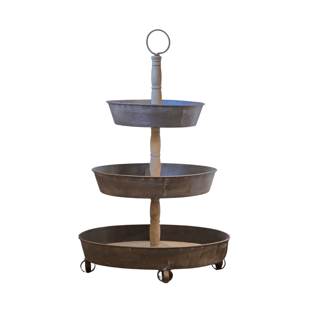 Large Three-tiered metal stand with wooden center.