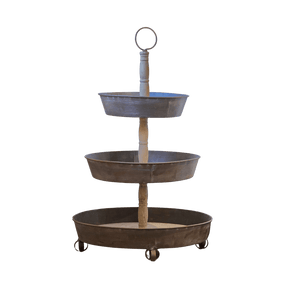 Large Three-tiered metal stand with wooden center.