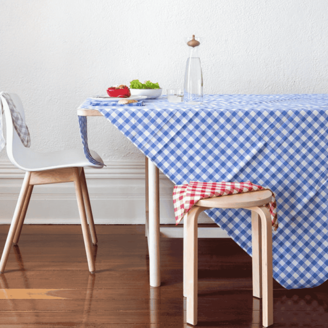 Provincial Blue Check Tablecloth styled for breakfast with eggs and tea – French country style
