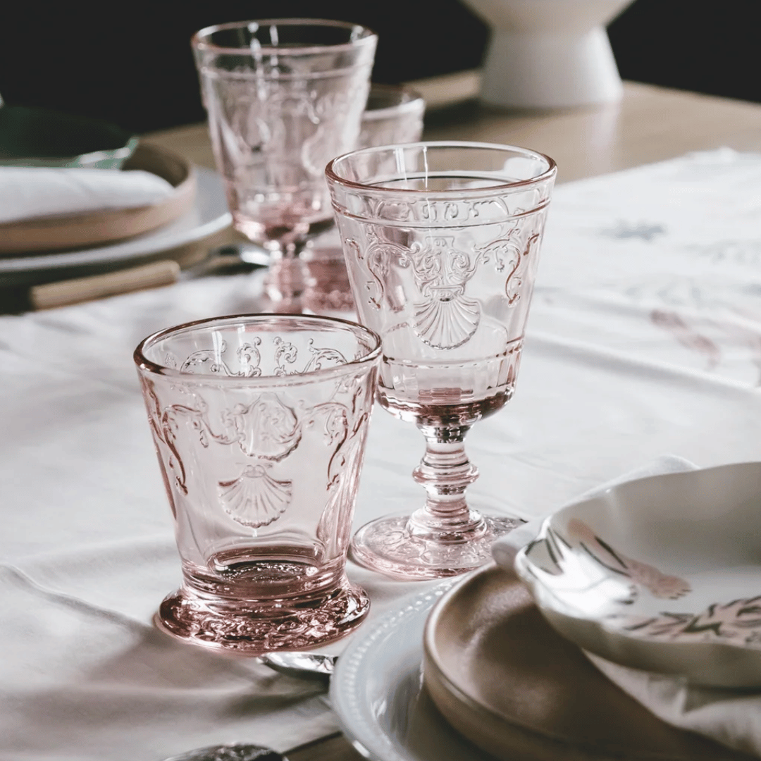Versailles rose pink wine glasses with matching pink tumblers