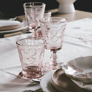 Versailles rose pink wine glasses with matching pink tumblers