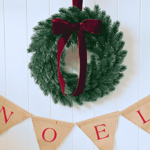 French Noël Christmas Bunting with red lettering – rustic French holiday décor with Christmas Wreath