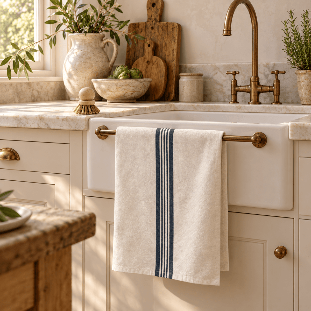 Aubrac French grain stripe tea towel in natural and denim blue hanging in front of French apron sink with Andree Jardin Pot Brush on kitchen bench
