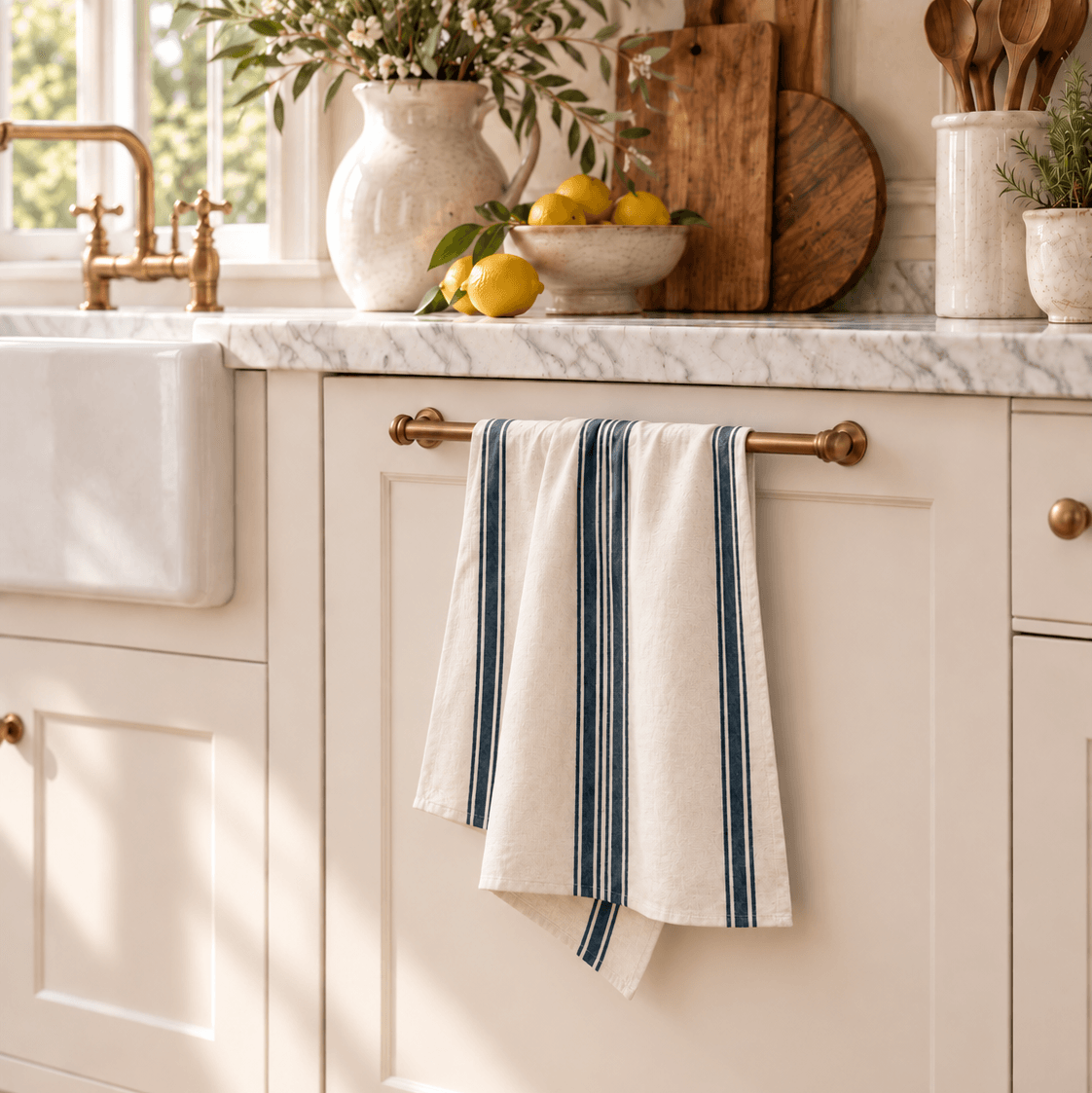 Avignon French country tea towel hanging in a kitchen