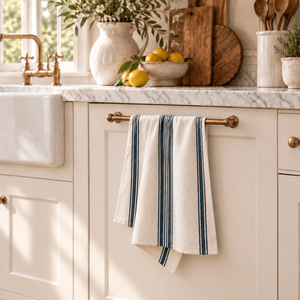Avignon French country tea towel hanging in a kitchen