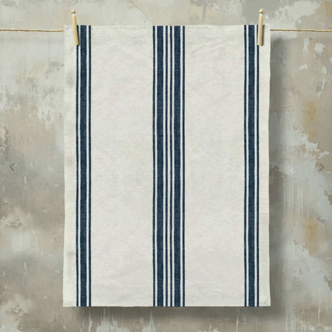 Avignon French grain stripe tea towel in natural and denim blue