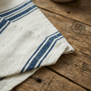 Close-up of the tea towel’s yarn-dyed stripe and texture