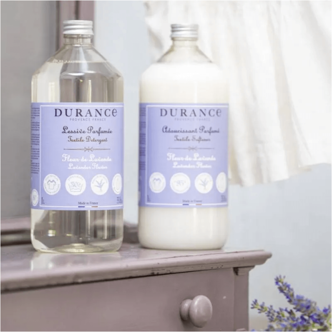 Durance fabric softener bottle with lavender scent on a white background
