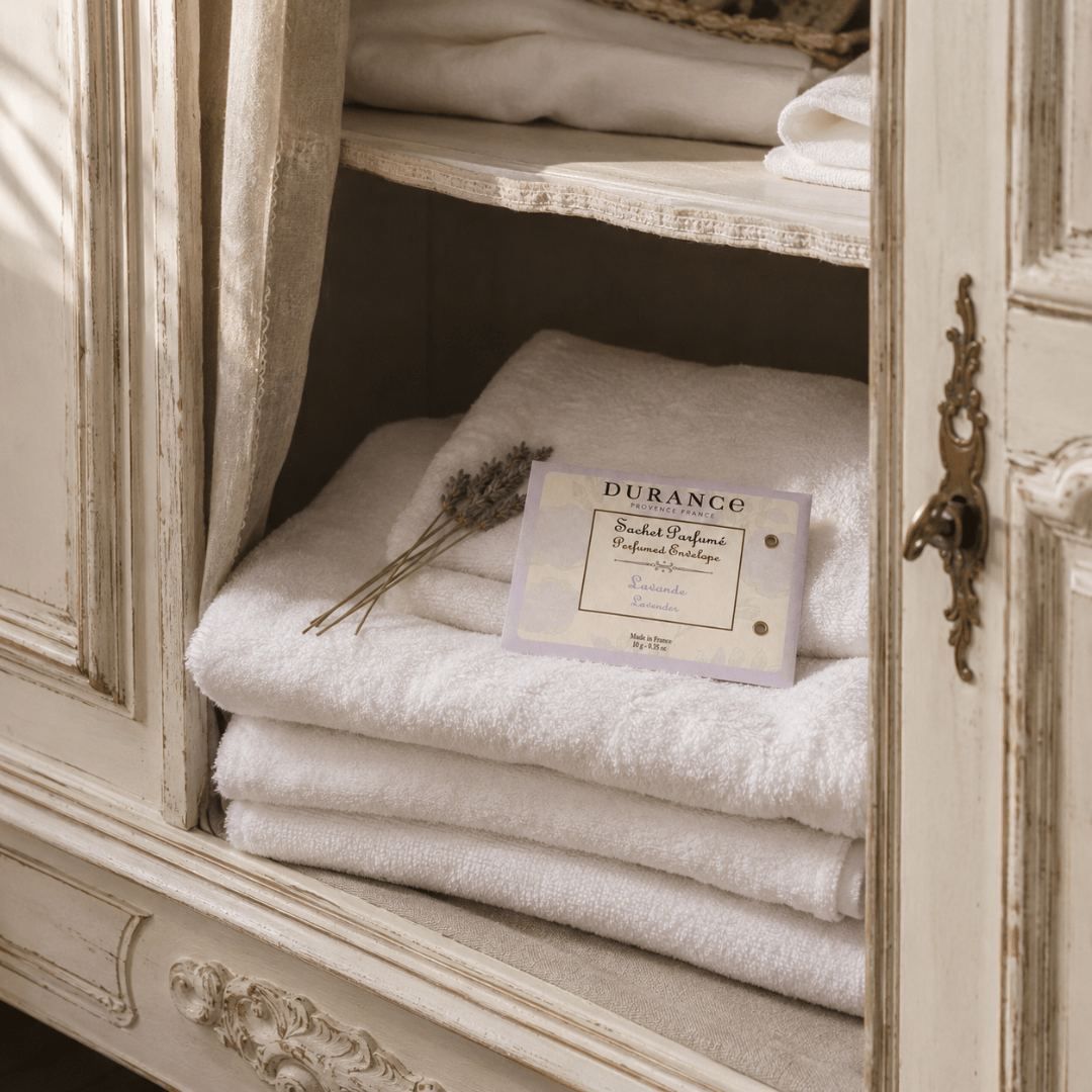 Durance Scented Lavender Envelope placed on fresh French white towels inside an amoire