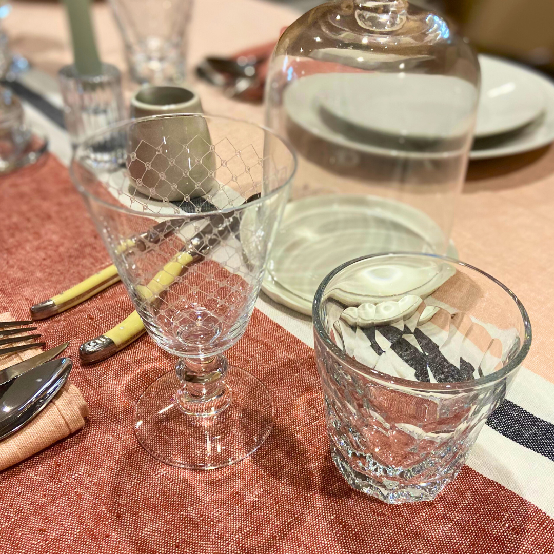 Malmaison Fishnet France Crystal Wine Glasses and french tablecloth