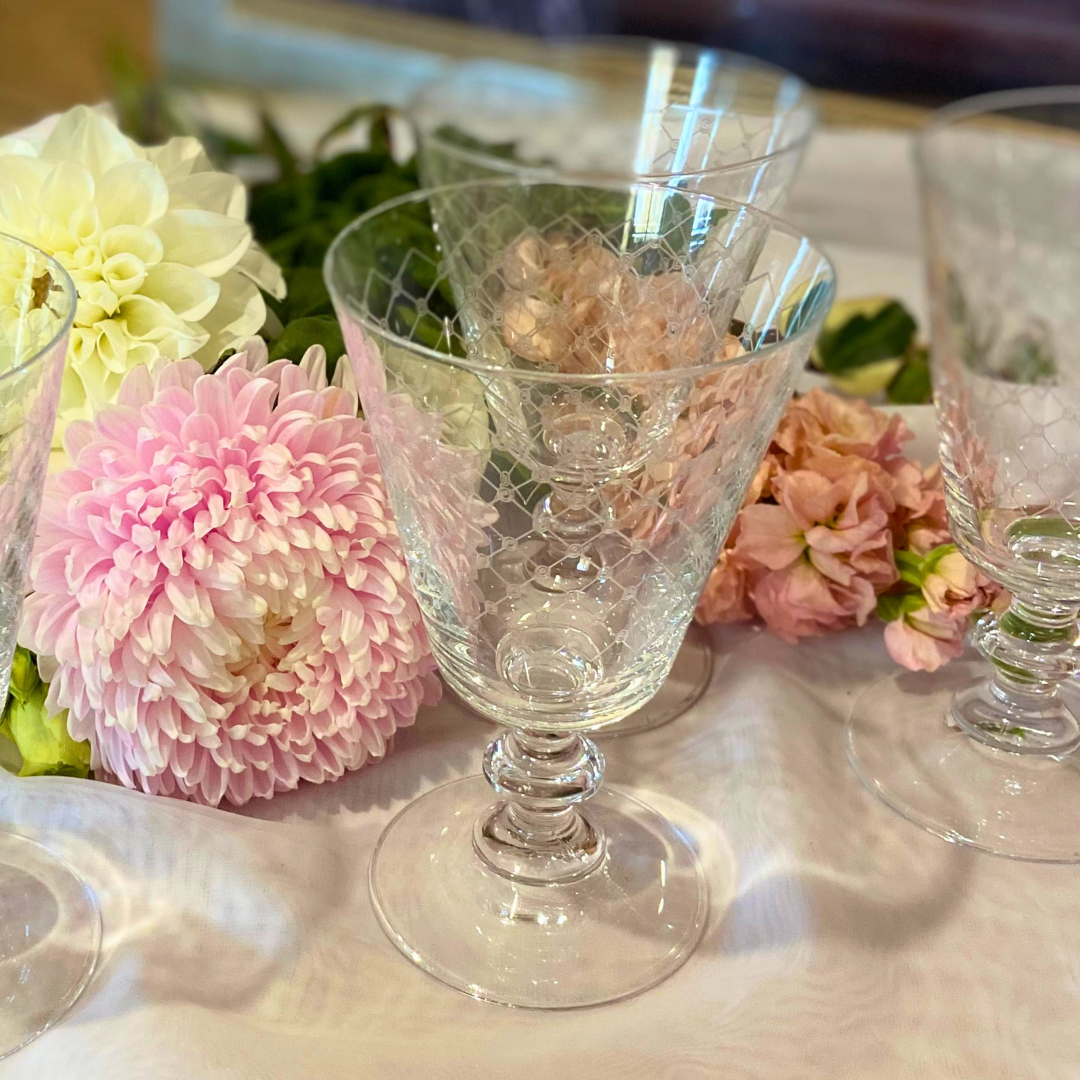 Malmaison Fishnet France Etched Crystal Wine Glasses with flowers