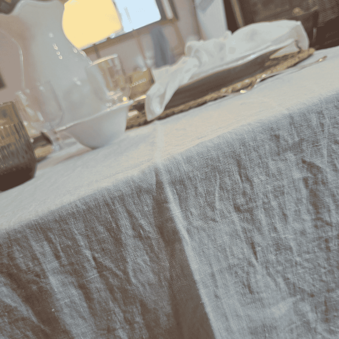 Close-up of a textured French Flax Linen Tablecloth white