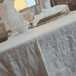 Close-up of a textured French Flax Linen Tablecloth white