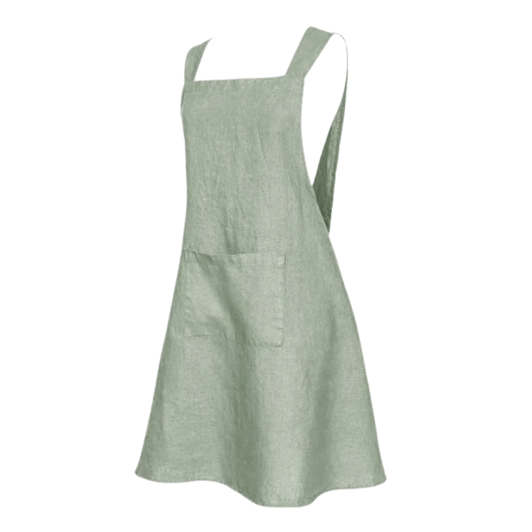 Haomy Kyoto French Linen Cross-Back Apron in Celadon green – stonewashed European flax – Malmaison