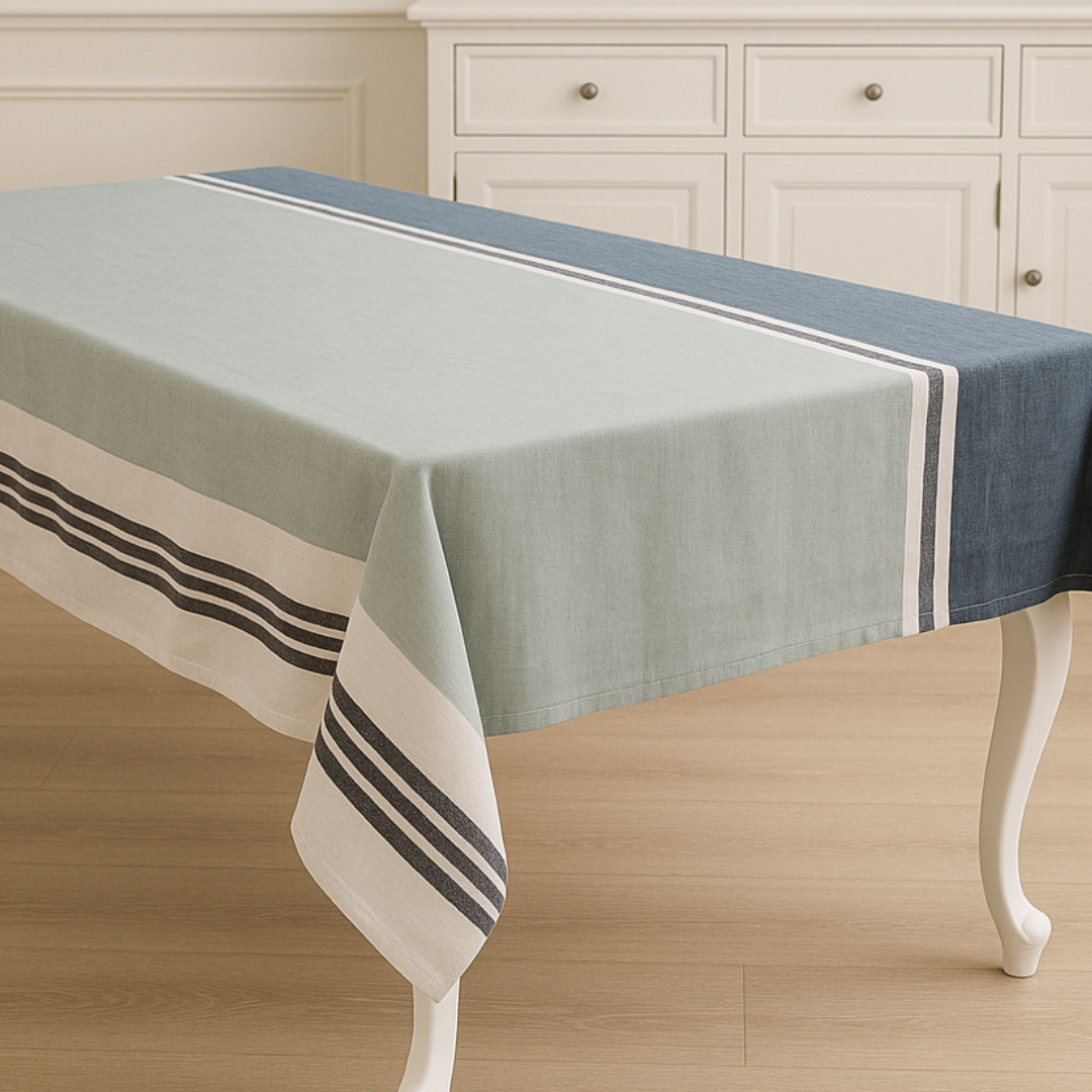 Blue and Celedon Stripe French Linen Table Cloth on French style Table
