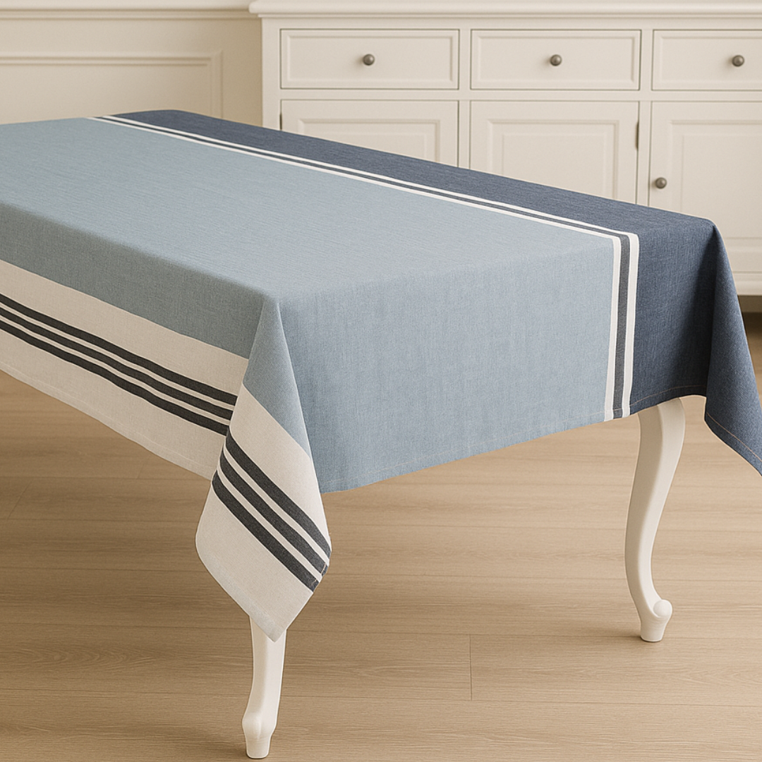Blue Stripe French Linen Table Cloth on French style Table