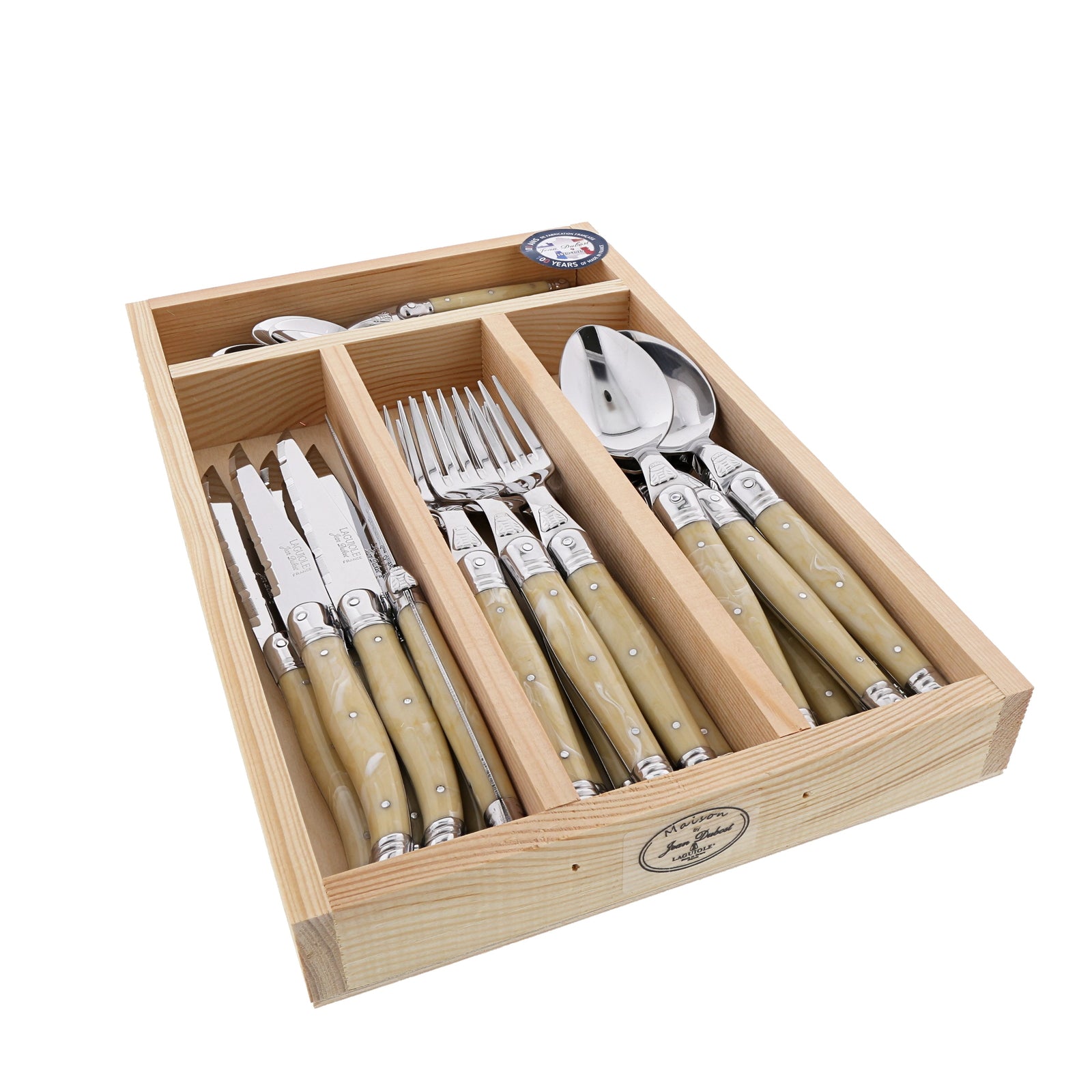 Jean Dubost Maison Light Horn 24 piece cutlery set in wooden tray
