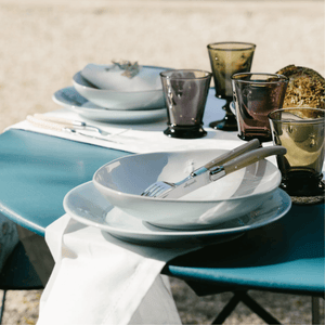 Table set with Bee Pasta Bowls & Matching coloured
 Wine Glasses