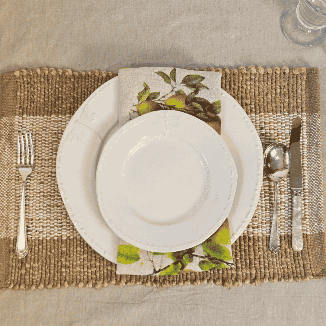 Lucien Jute Placemats with White dragonfly dinner setting