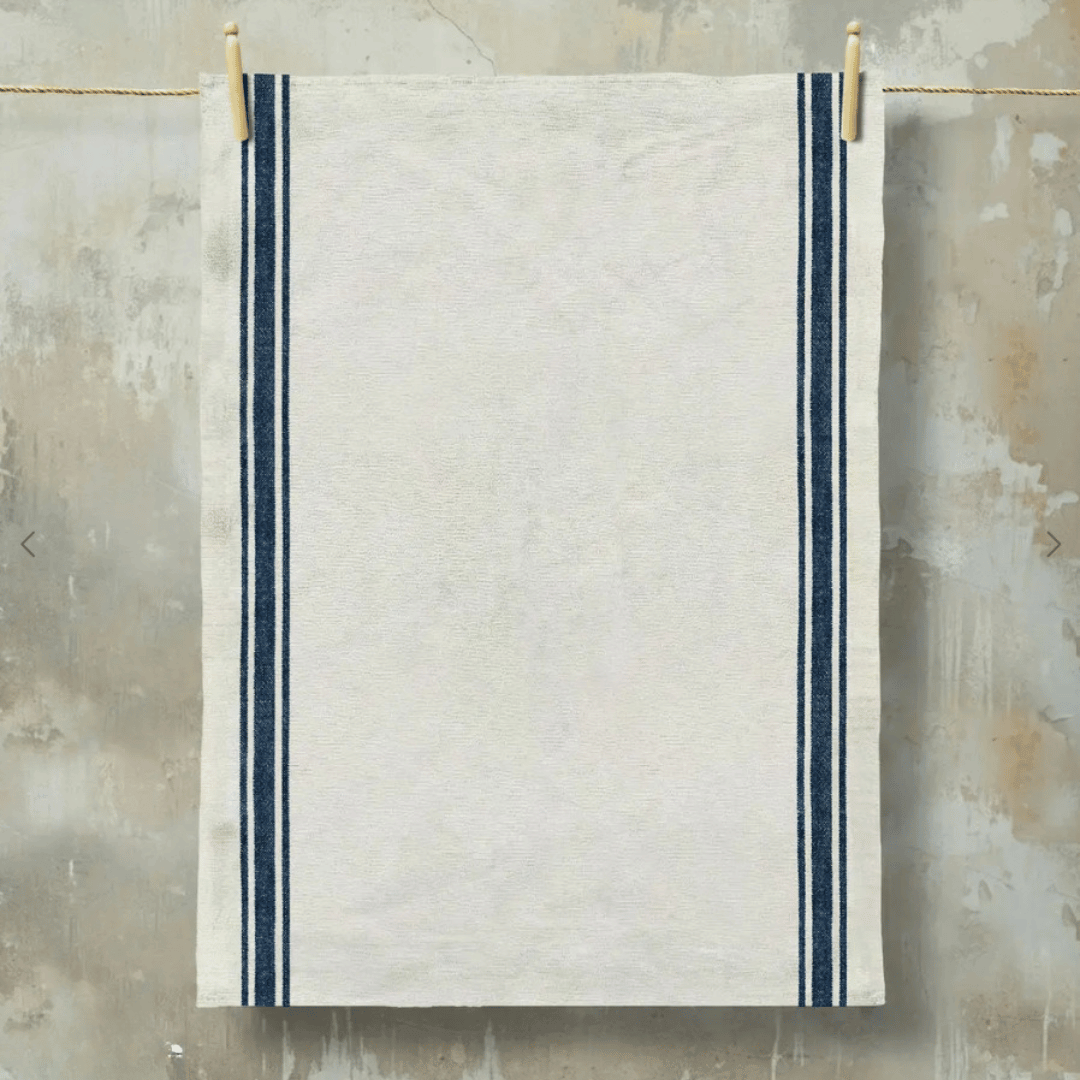 Luberon French grain stripe tea towel in natural and denim blue
