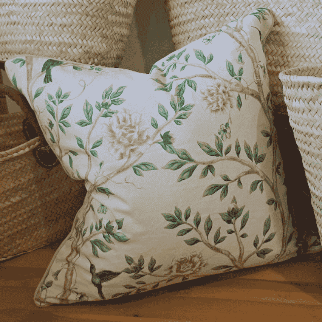 Square Floral Cotton Linen Cushion - Green and beige with hummingbirds