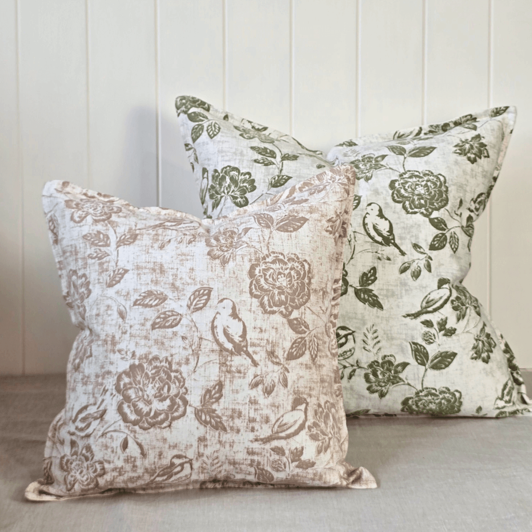 Oiseaux Botanique Square Linen Blend Cushion - Olive Green and Taupe Colours