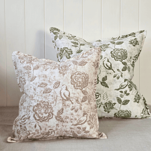 Oiseaux Botanique Square Linen Blend Cushion - Olive Green and Taupe Colours
