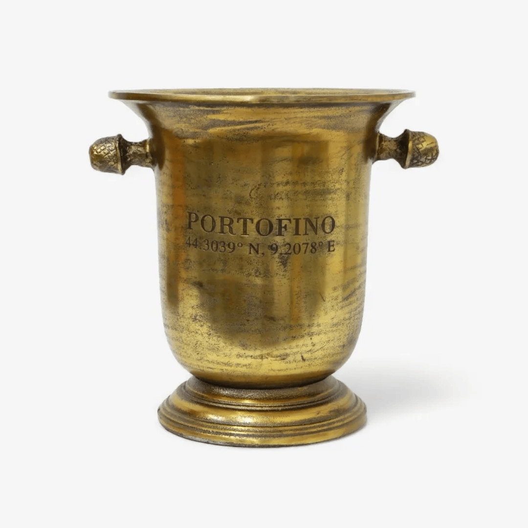 Portofino Tall Champagne Bucket in antique gold with chilled champagne bottles