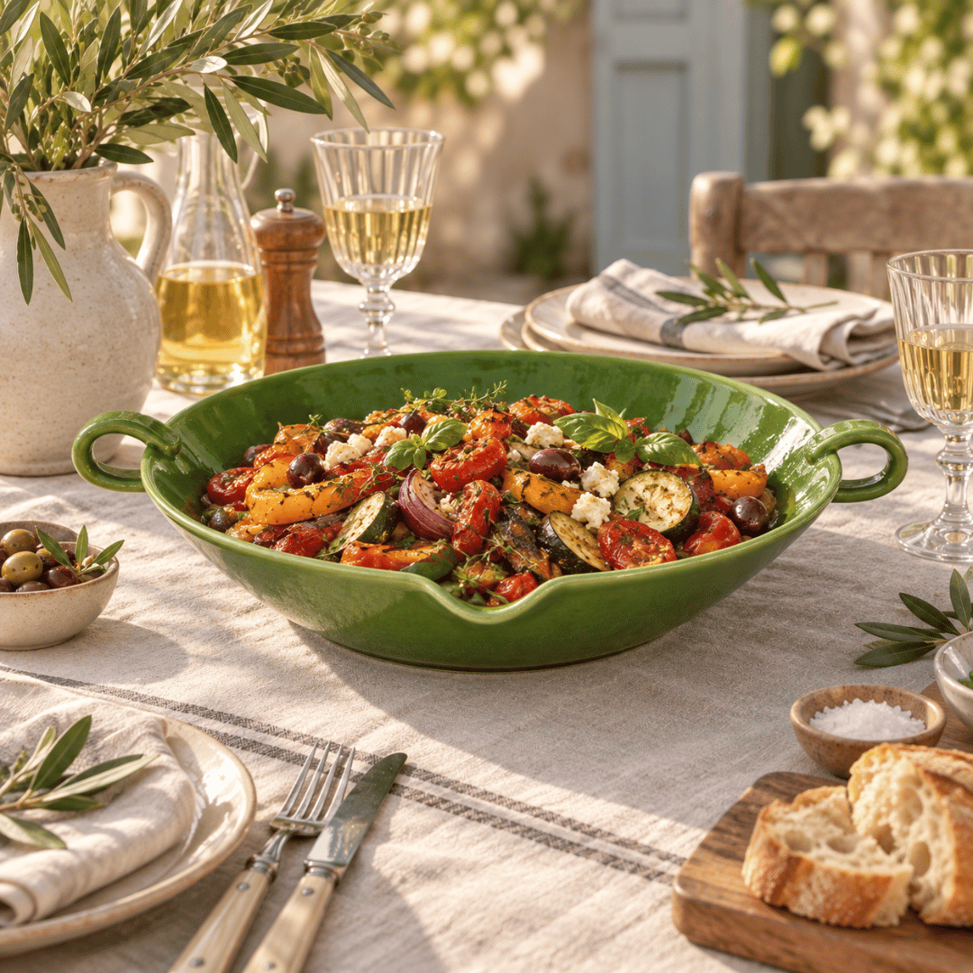 A green Provence serving bowl filled with roasted vegetables salad, set on an outdoor dining table with plates, glasses, bread, and olive oil.