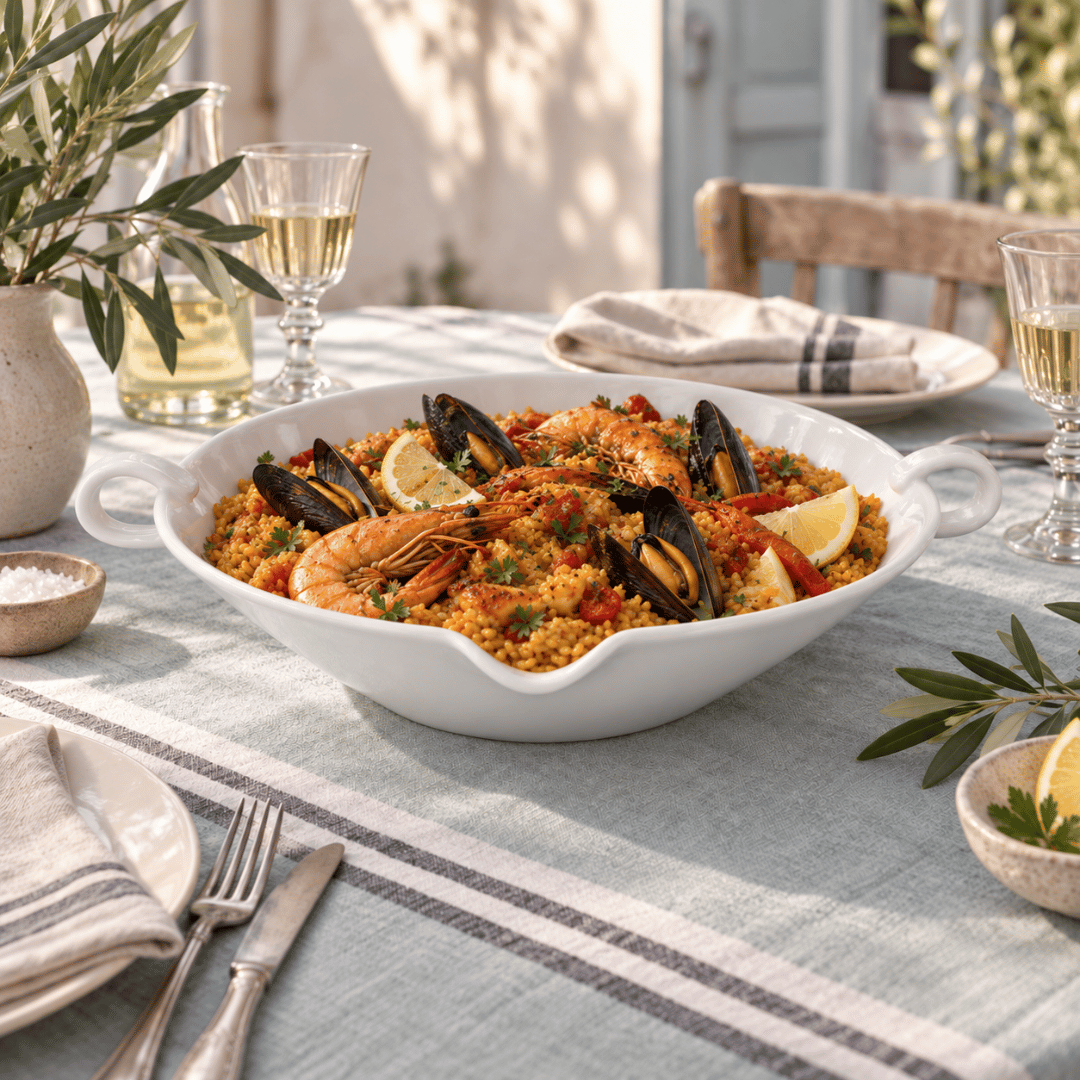 Large White Provence Serving Bowl with Paella . Table setwith French table cloth.
