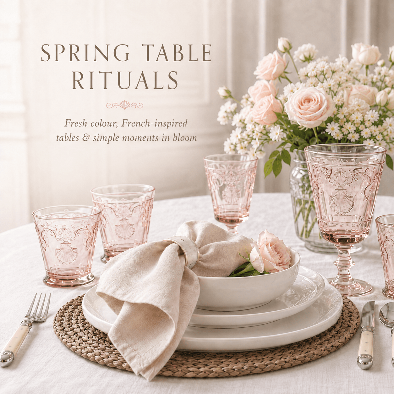 A French styled table setting with pink French wine glasses and tumblers, white plates, a beige linen napkin, woven placemats, and a bouquet of blush roses and white flowers. 