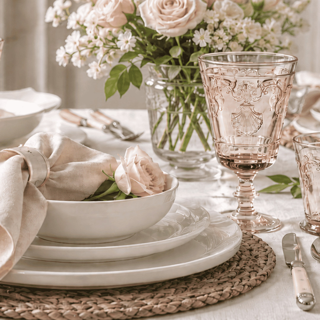 A French styled dining table setting for Spring with white ceramic plates, a woven placemat, a beige linen napkin with a rose, a pink glass goblet, and a floral centerpiece in a glass vase.