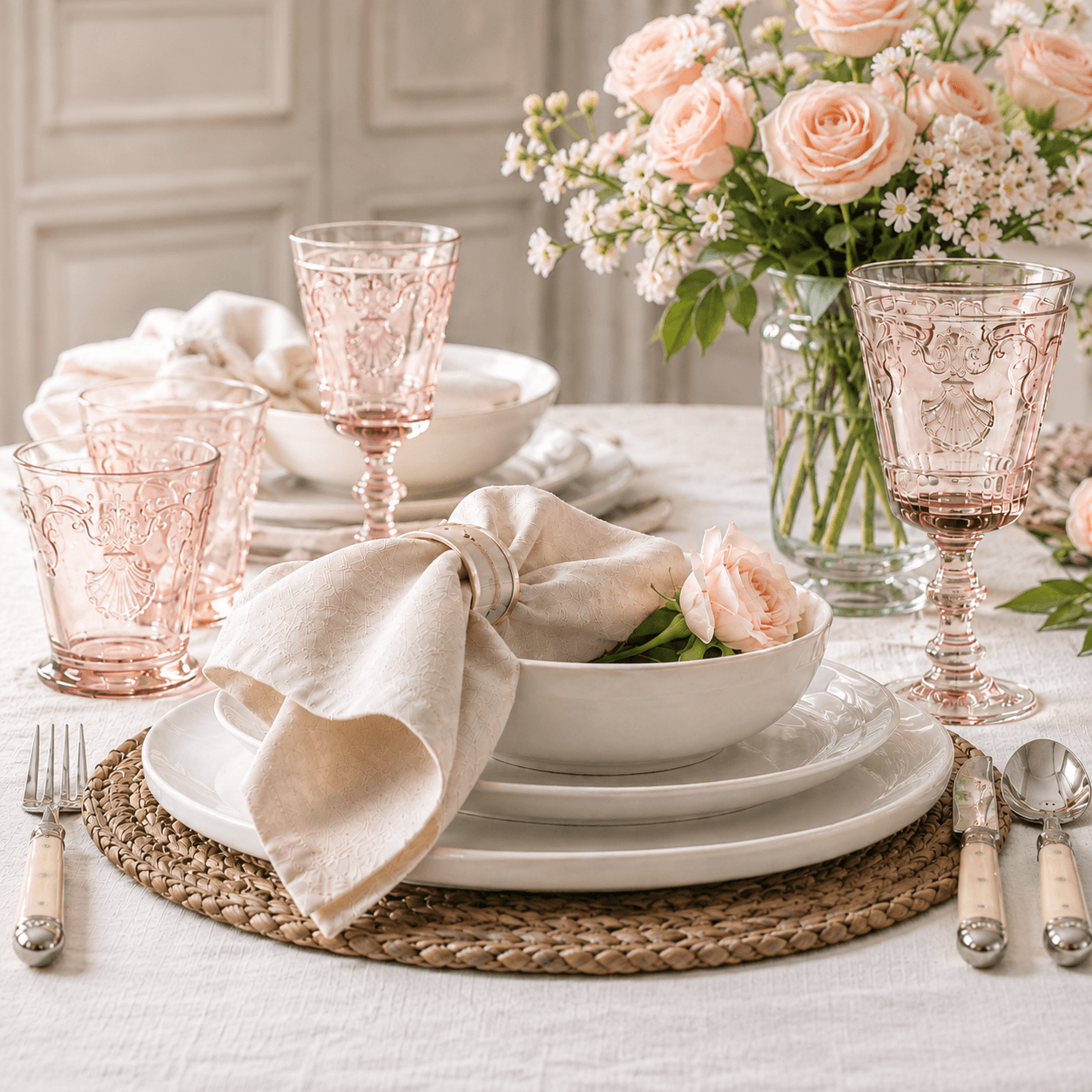 Spring table setting featuring La Rochere Versailles Rose Pink glasses, laguiole cutlery, french linen and Amitie dinnerset on woven placemat.  Beautiful roses and spring buds.