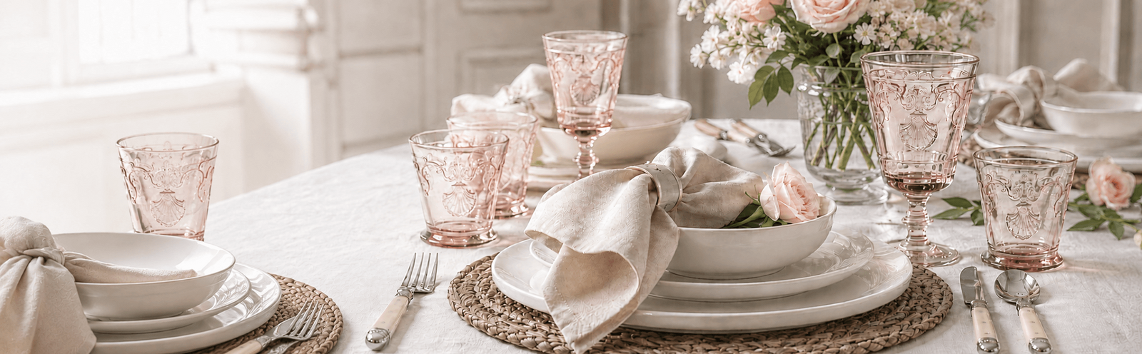 A beautifully French styled dining table setting featuring pink textured glassware, white ceramic plates, beige linen napkins, and woven placemats, with a floral centerpiece in the background.