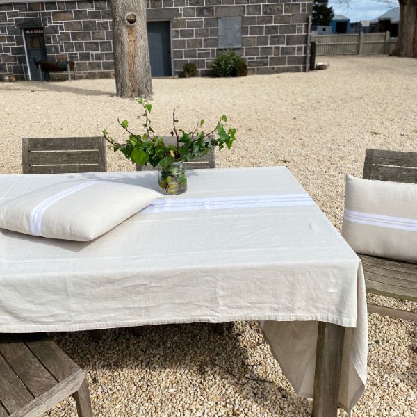 French Country White Grain Stripe Linen Blend Tablecloth