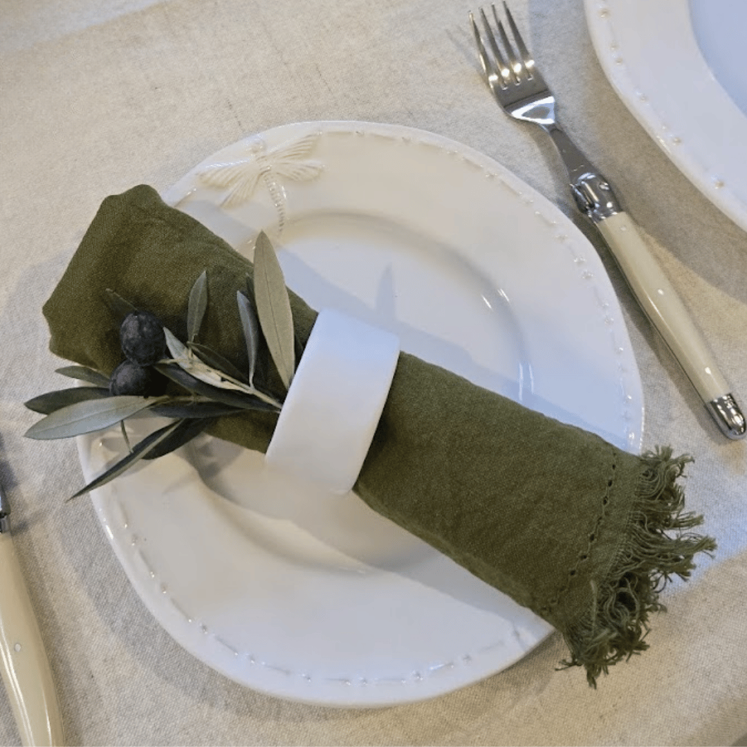 Cotton Olive Coloured Napkins with Napkin Rings