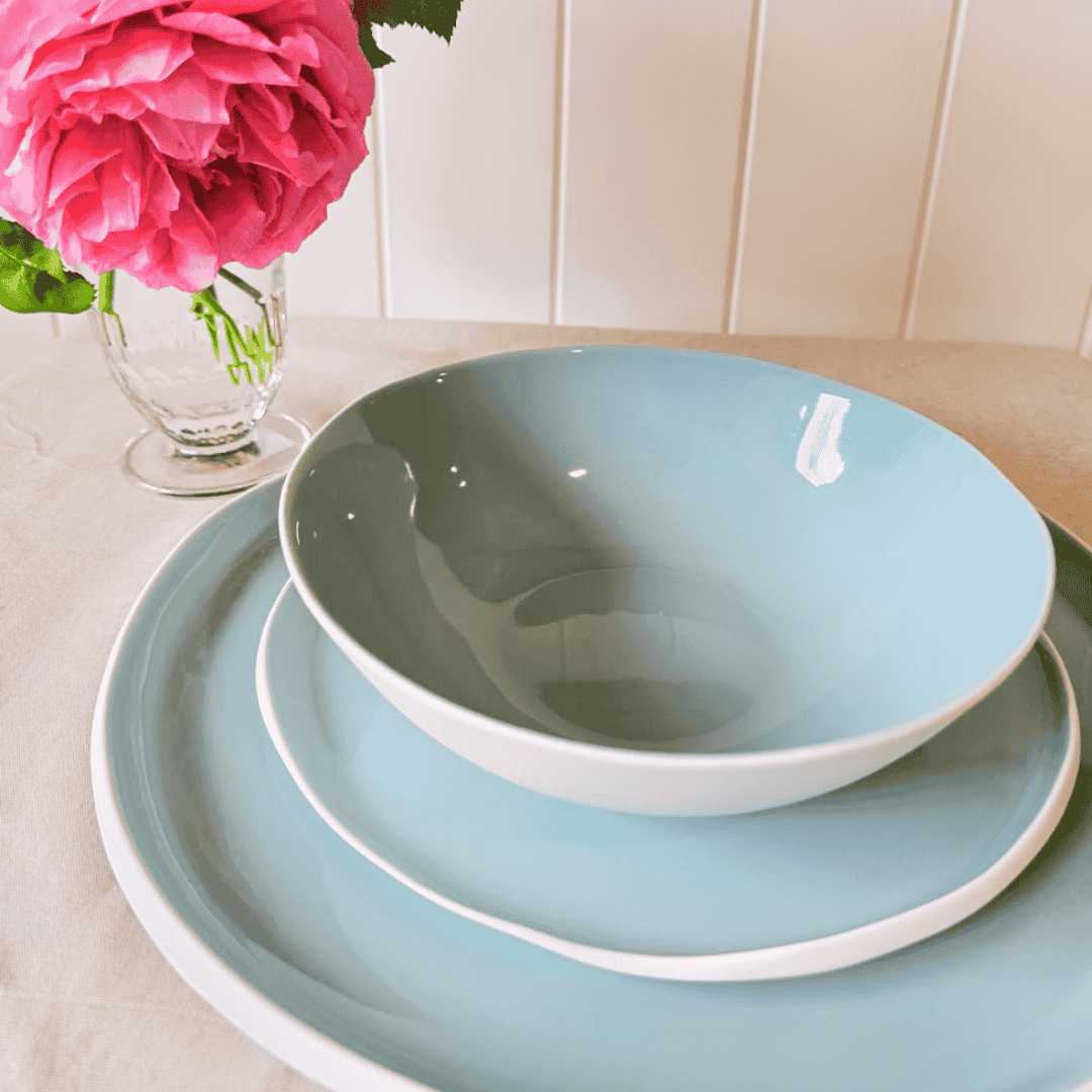 Amitie duck egg blue dinnerset - bowl, side plate, dinner plate with roses in vase