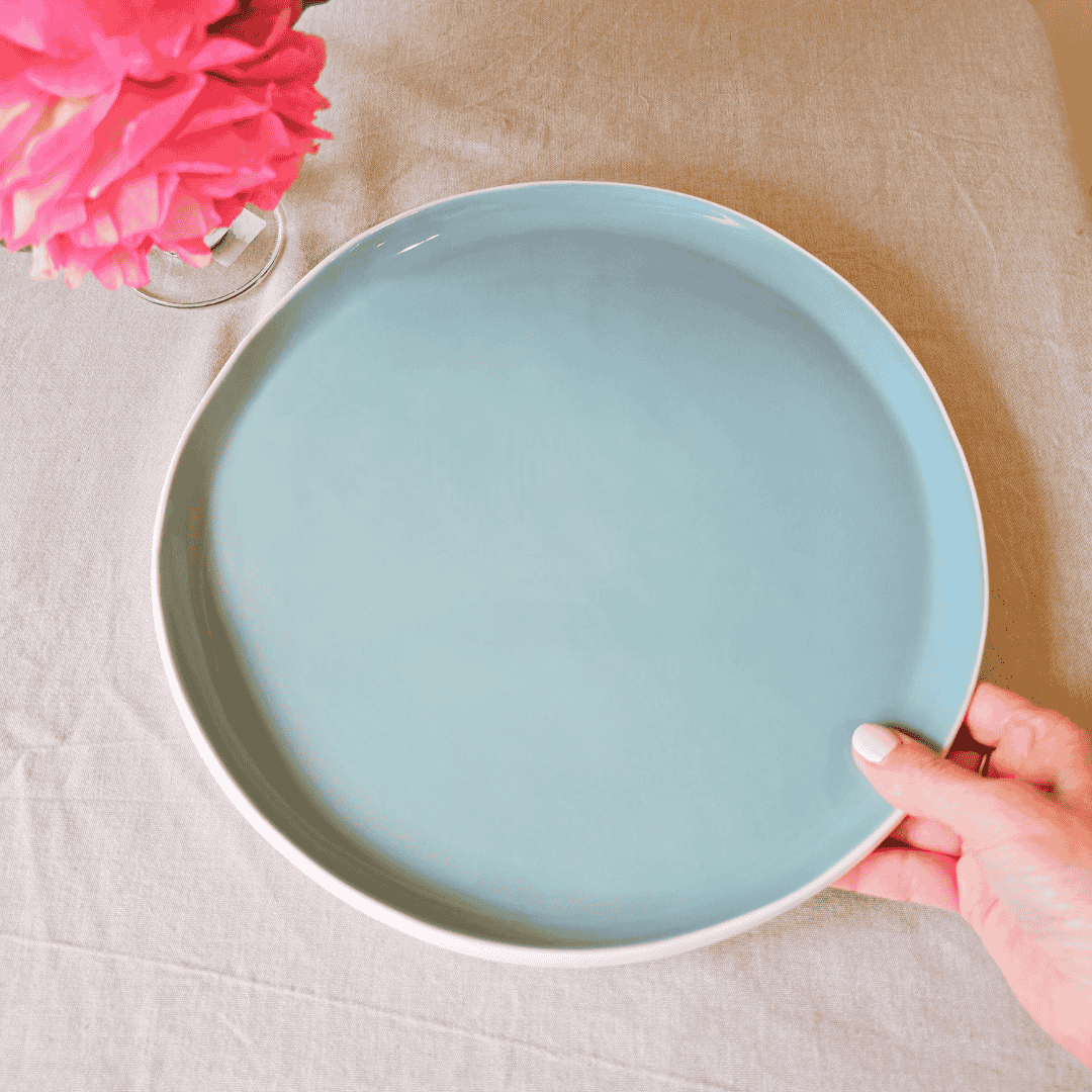 Amitie duck egg blue dinner plate, dinner plate with roses in vase