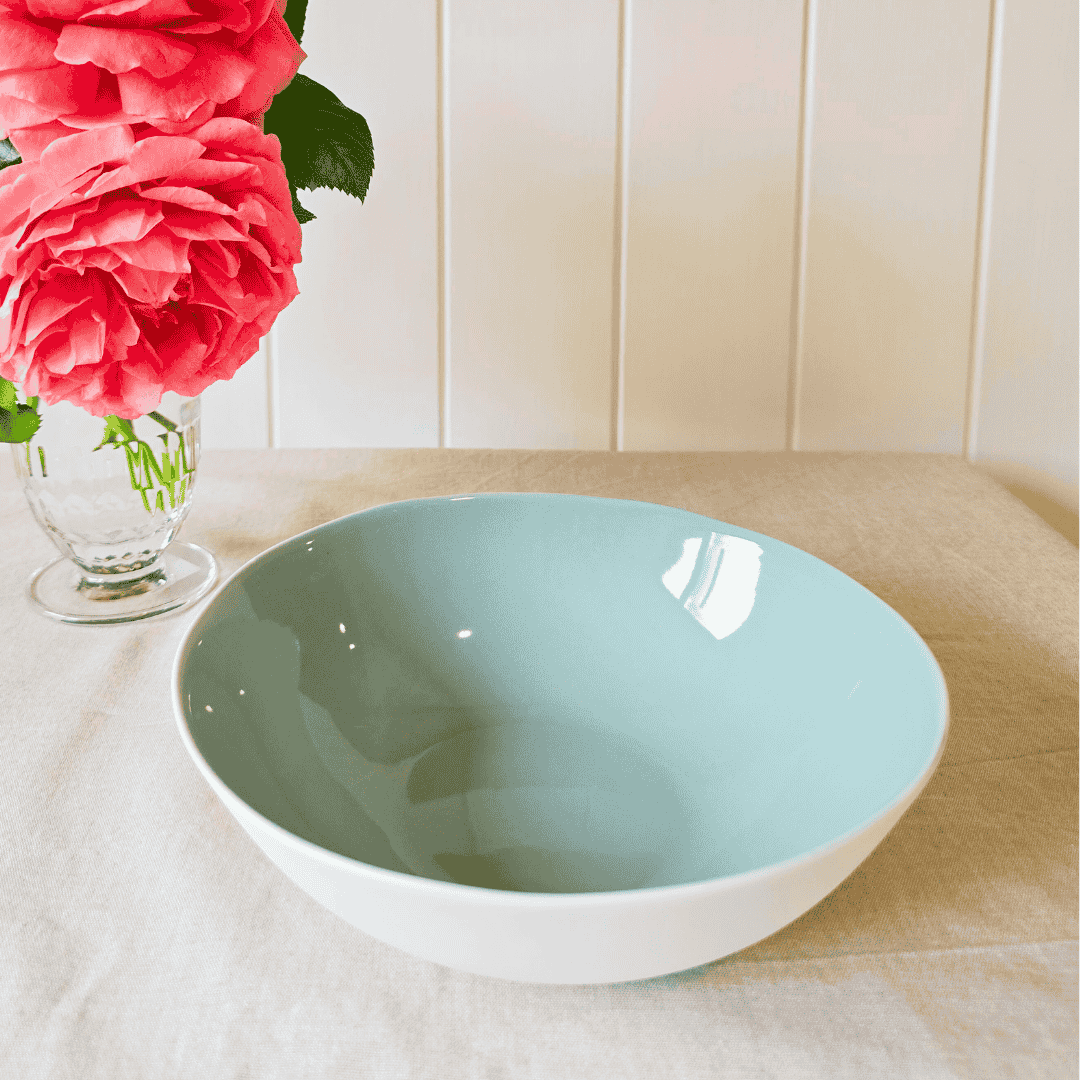 Amitie duck egg blue bowl with roses in vase