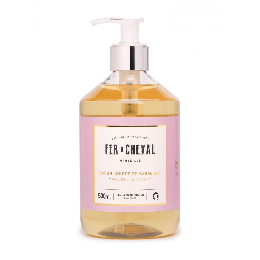 Fer a Cheval Marseille liquid soap - Fig Leaf Scent with pump on a white background