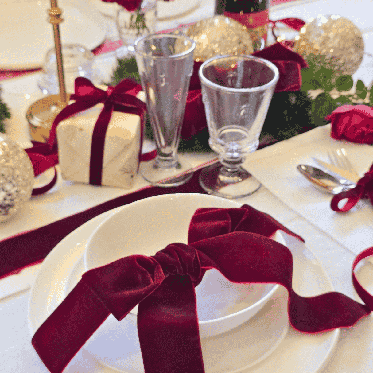 French Christmas Table Setting Plates Wine Glasses Cutlery