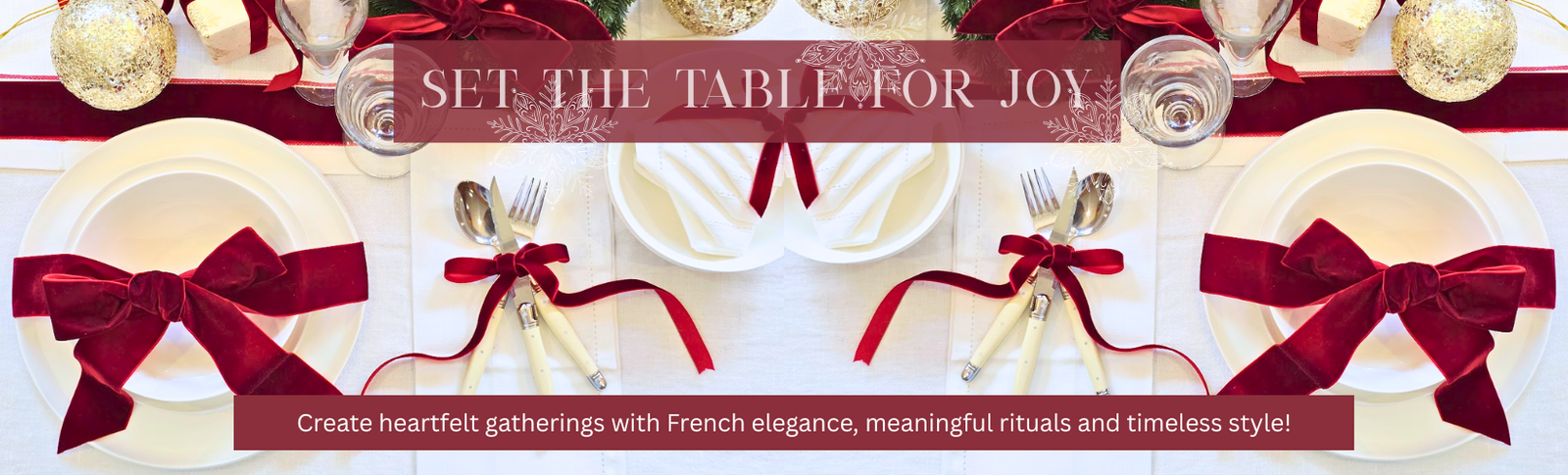 Christmas table setting with white dinnerware, velvet burgundy bows, French cutlery and festive decorations styled by Malmaison.
