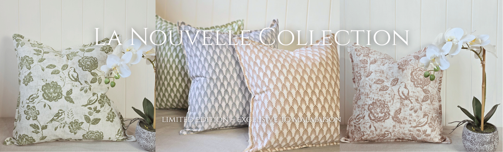 Decorative pillows with floral and geometric patterns on a neutral background, featuring 'La Nouvelle Collection' text.