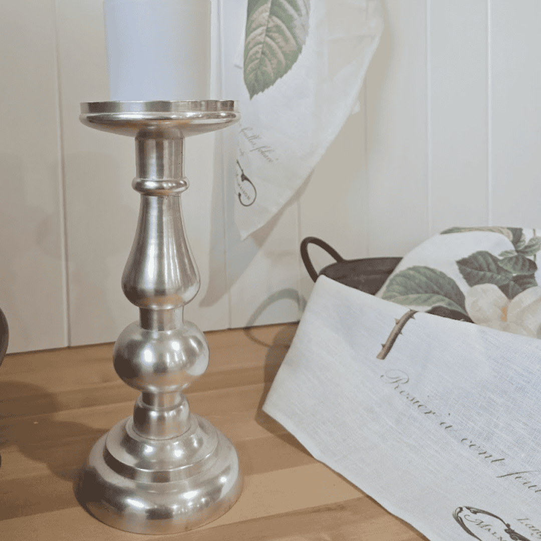 Pewter Pillar Candle Stick with Linen Tea Towel