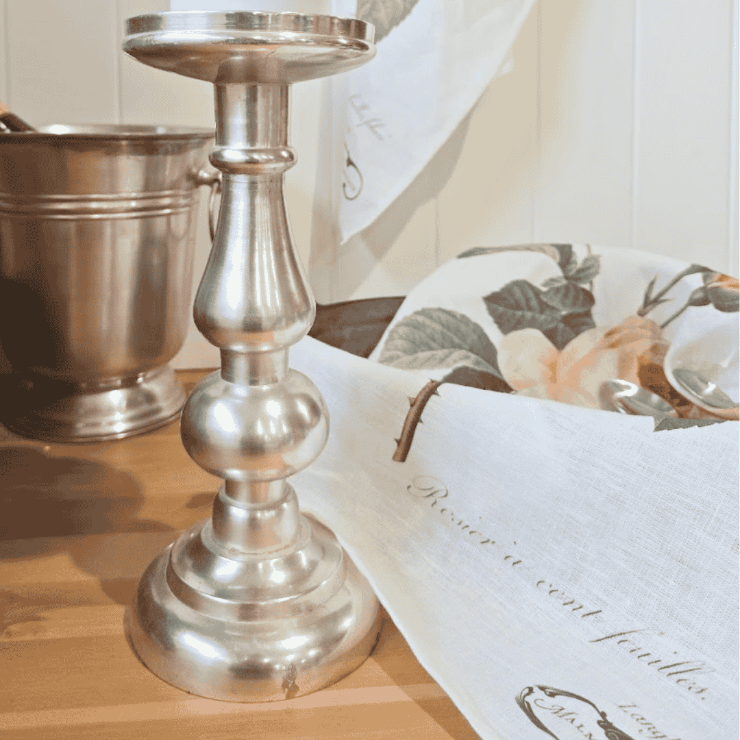 Pewter Candle Stick with Linen Tea Towel