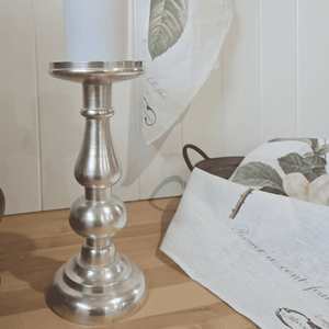 Pewter Pillar Candle Stick with Linen Tea Towel