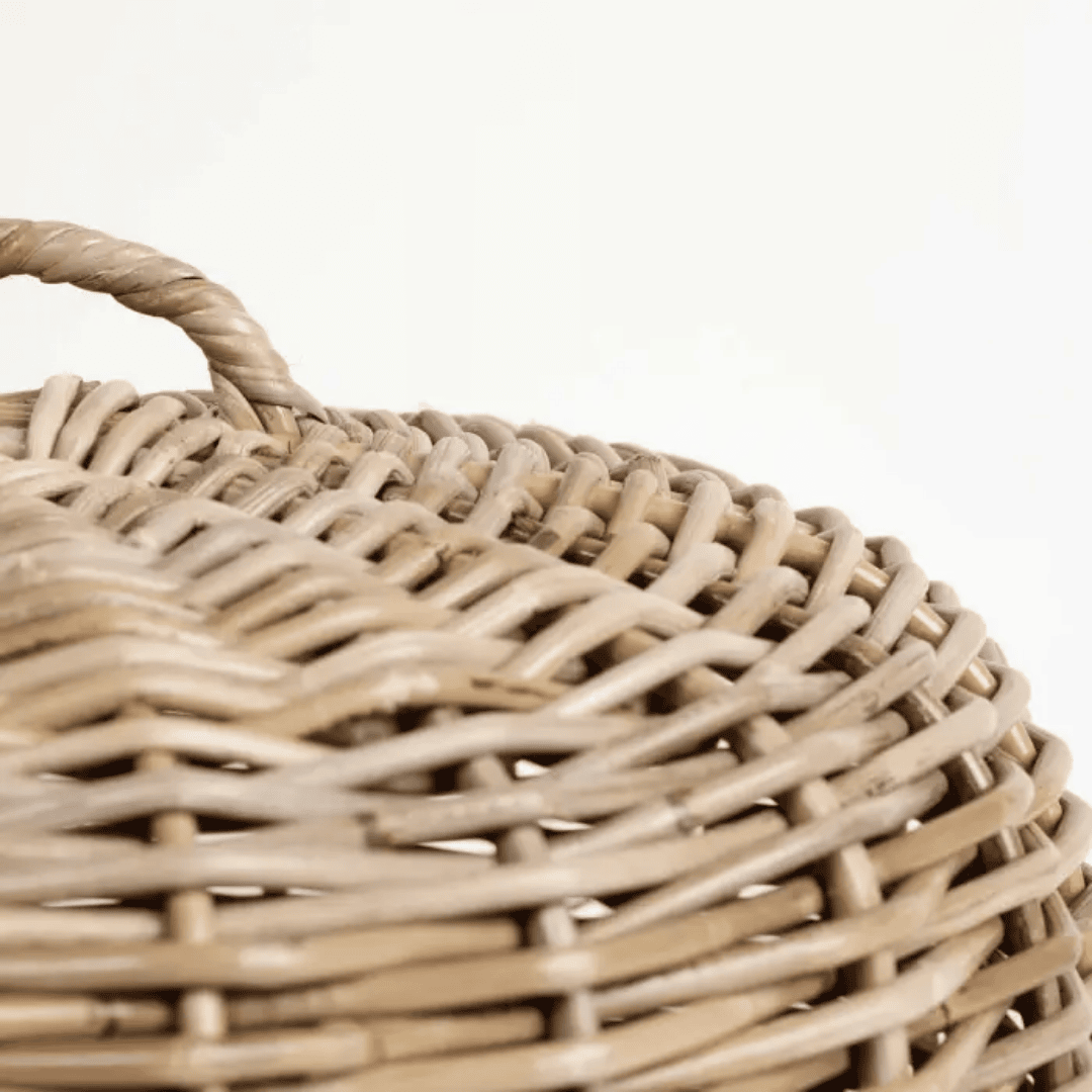 Close-up of a woven rattan basket with a handle on a white background