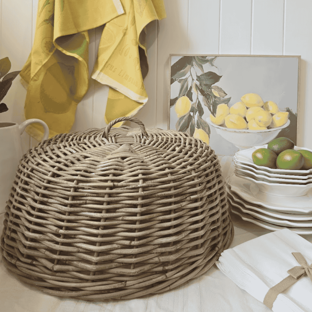 Provence Round Cloche – Handwoven Kubu Rattan Food Cover on French Country table