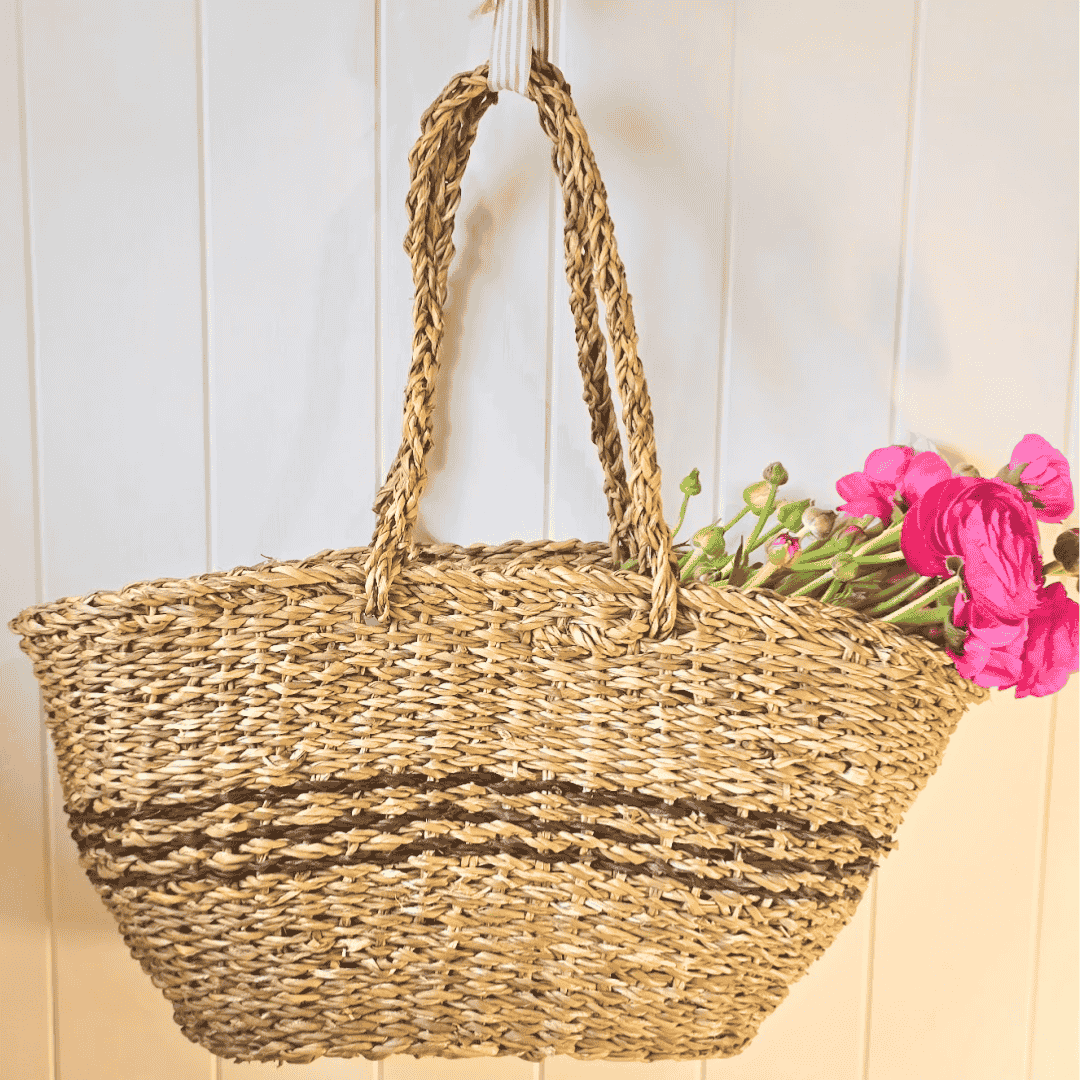 Hanging Handcrafted seagrass tote bag with handles – neutral background